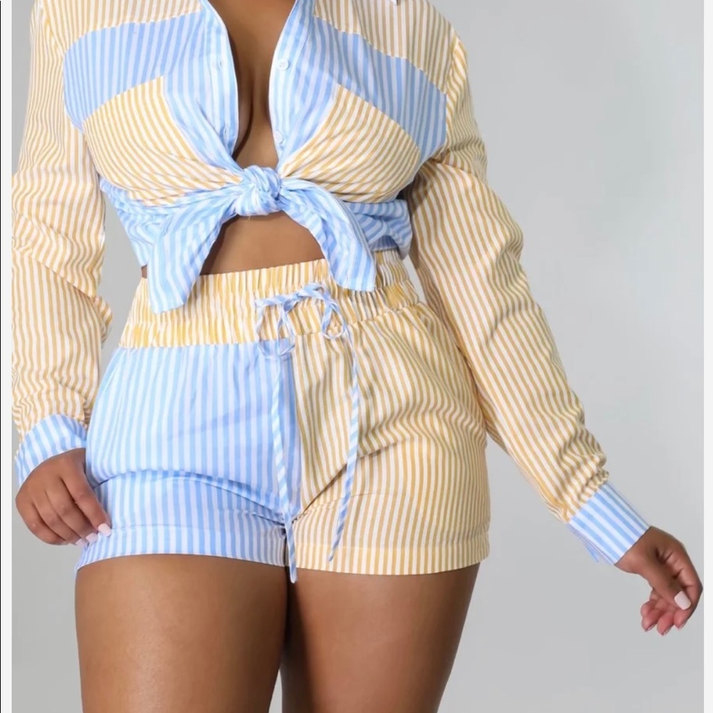 Blue and yellow stripe short set
